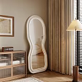 Stylish Home Interior Decor With Unique Shaped Mirror Floor Lamp Beige Curtains And Wall Art