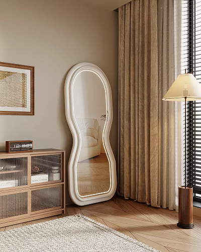 Stylish Home Interior Decor With Unique Shaped Mirror Floor Lamp Beige Curtains And Wall Art 3d model