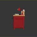 Red Functional Desk with Drawers Red Lamp Laptop Books Cup and Folders for Study