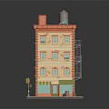 Vintage Multi Story Building With Orange Exterior Fire Escape Storefront And Street Lamp
