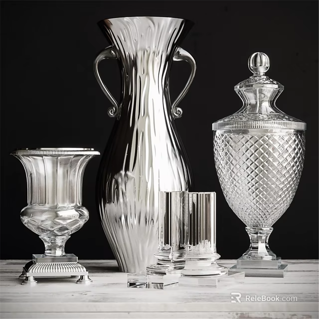 Silver And Crystal Decorative Ornament Set With Ribbed Vase Fluted Holder And Diamond Patterned Urn 3d model 