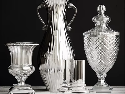 Silver And Crystal Decorative Ornament Set With Ribbed Vase Fluted Holder And Diamond Patterned Urn 3d model