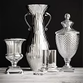 Silver And Crystal Decorative Ornament Set With Ribbed Vase Fluted Holder And Diamond Patterned Urn
