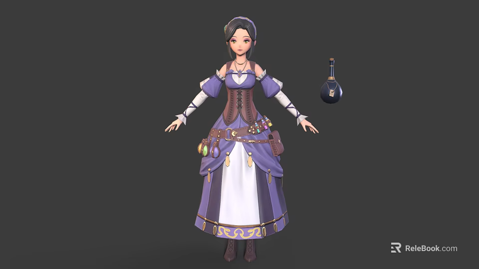 Fantasy Female Alchemist Character Wearing Purple White Dress With Brown Corset And Black Potion Bottle 3d model 