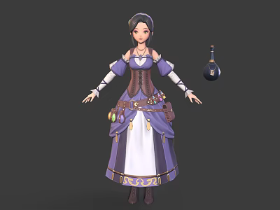 Fantasy Female Alchemist Character Wearing Purple White Dress With Brown Corset And Black Potion Bottle 3d model