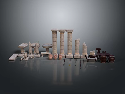 Scenic Ancient Ruins Landscape Featuring Stone Columns Stone Platforms And Wooden Barrels 3d model