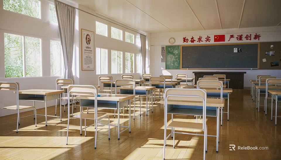School Classroom With Rows Of Desks Chairs Blackboard And Sunlit Windows 3d model 