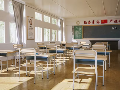 School Classroom With Rows Of Desks Chairs Blackboard And Sunlit Windows 3d model