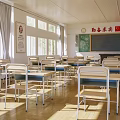 School Classroom With Rows Of Desks Chairs Blackboard And Sunlit Windows