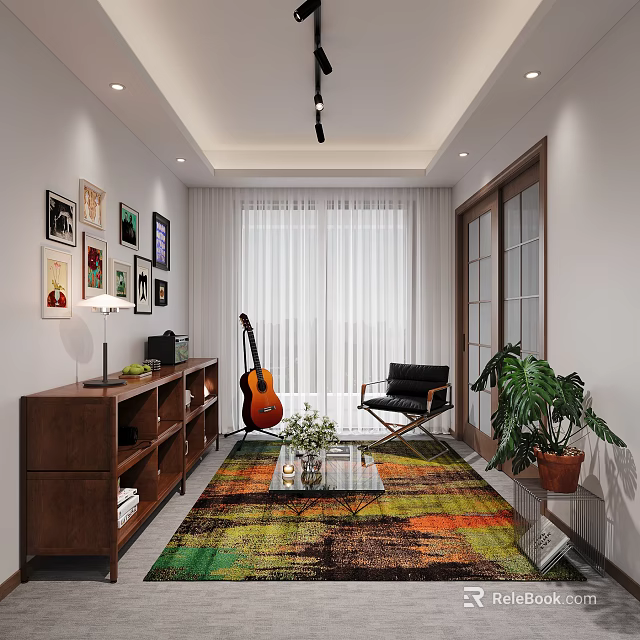 Modern Lounge Room Interior Design With Wooden Bookshelf Guitar Black Armchair And Colorful Rug 3d model 