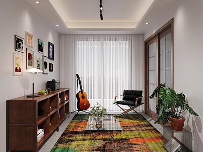Modern Lounge Room Interior Design With Wooden Bookshelf Guitar Black Armchair And Colorful Rug 3d model