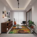 Modern Lounge Room Interior Design With Wooden Bookshelf Guitar Black Armchair And Colorful Rug