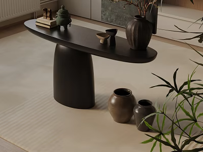 Modern Black Entryway Console Table And Side Cabinet With Decorative Vases And Green Plants 3d model