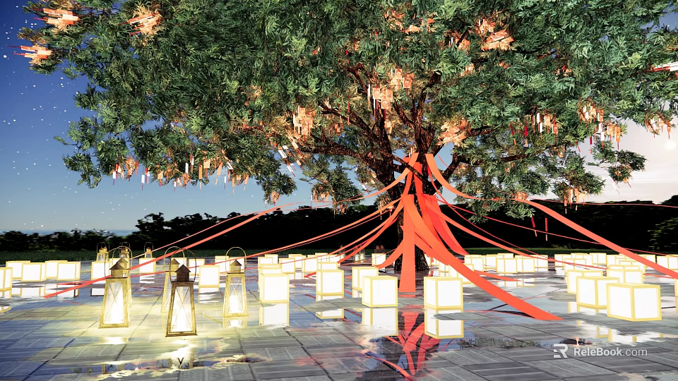 Charming Night Decoration With Large Tree Hanging Lanterns Red Ribbons And Ground Reflections 3d model 