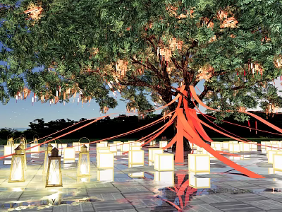 Charming Night Decoration With Large Tree Hanging Lanterns Red Ribbons And Ground Reflections 3d model