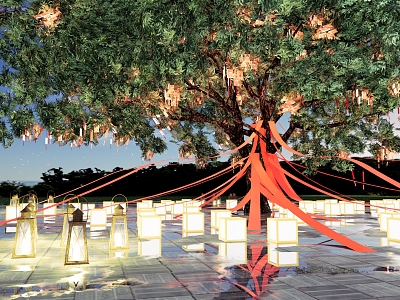 Modern Wishing Square Landscape Blessing Tree Wishes Meichen Night Scene Lighting Tree Landscape Tree Concurrent Knot Wishing Belt model