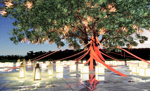 Modern Wishing Square Landscape Blessing Tree Wishes Meichen Night Scene Lighting Tree Landscape Tree Concurrent Knot Wishing Belt 3d model