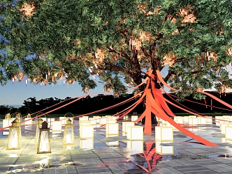 Modern Wishing Square Landscape Blessing Tree Wishes Meichen Night Scene Lighting Tree Landscape Tree Concurrent Knot Wishing Belt 3d model