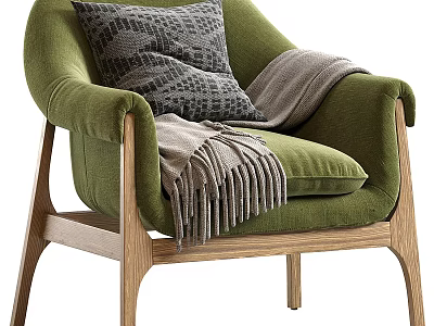 Cozy Green Single Seater Sofa with Wooden Frame and Gray Pillow Throw Blanket 3d model