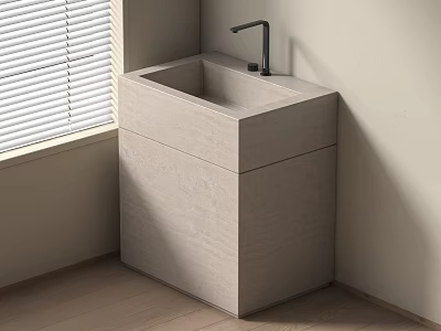 Modern Light Gray Stone Vanity With Black Faucet By Window And White Blinds 3d model