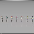 Multiple Cartoon Girl Characters Wearing Different Colored Clothes Standing in a Row 3d model