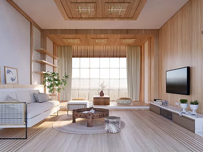 Modern Living Room Interior With Wooden Walls Ceiling Large Windows White Sofa And TV 3d model