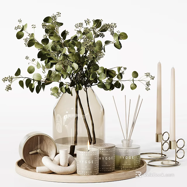 Decorative Ornament Set with Clear Glass Vase Green Foliage Reed Diffuser Candles and Wooden Tray 3d model 