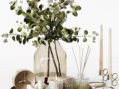 Decorative Ornament Set with Clear Glass Vase Green Foliage Reed Diffuser Candles and Wooden Tray 3d model