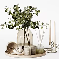 Decorative Ornament Set with Clear Glass Vase Green Foliage Reed Diffuser Candles and Wooden Tray