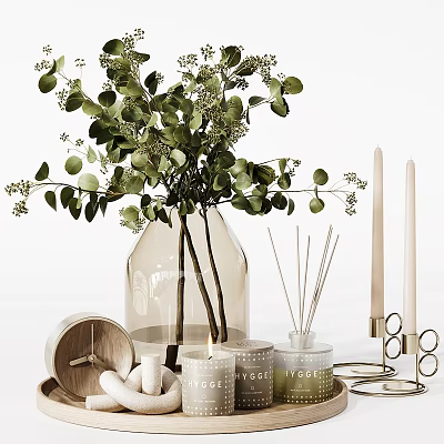 Decorative Ornament Set with Clear Glass Vase Green Foliage Reed Diffuser Candles and Wooden Tray 3d model