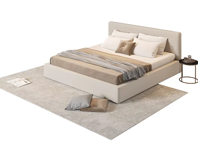 Modern Double Bed Design With Plush Pillows Striped Blanket And Side Table On Soft Rug 3d model
