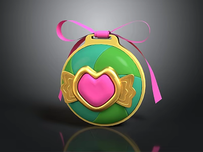 Decorative Ornament With Green Blue Surface Pink Heart Golden Accents And Pink Ribbon 3d model