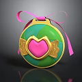 Decorative Ornament With Green Blue Surface Pink Heart Golden Accents And Pink Ribbon