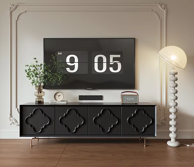 Black Carved TV Stand With Green Plant Clock Soundbar Radio And White Spiral Floor Lamp 3d model