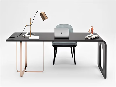 Modern Black Desk With Laptop Brass Table Lamp Gray Chair And Notebook 3d model