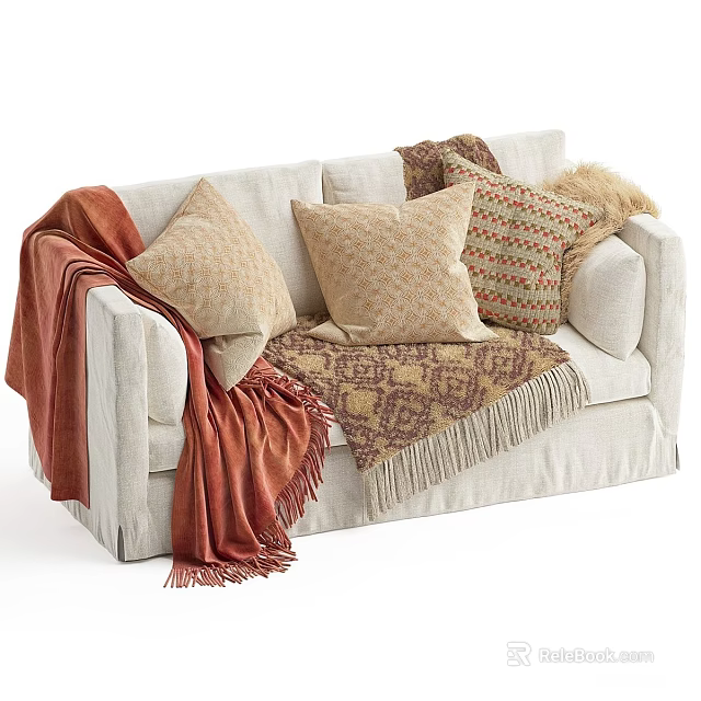 White Double Sofa with Patterned Pillows and Soft Blankets for Cozy Living Space 3d model 