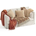 White Double Sofa with Patterned Pillows and Soft Blankets for Cozy Living Space 3d model