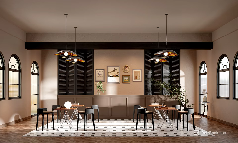 Modern Café Interior With Wooden Tables Black Chairs Pendant Lights And Wall Art 3d model 