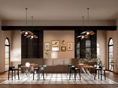 Modern Café Interior With Wooden Tables Black Chairs Pendant Lights And Wall Art 3d model