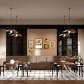 Modern Café Interior With Wooden Tables Black Chairs Pendant Lights And Wall Art