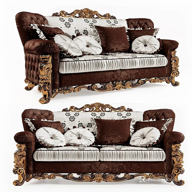 Elegant Brown Velvet Two Seater Sofa With Gold Carved Details And White Floral Pillows 3d model 