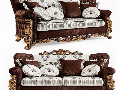 Elegant Brown Velvet Two Seater Sofa With Gold Carved Details And White Floral Pillows 3d model