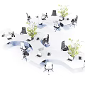 Modern Office Desk Arrangement In Open Workspace With Laptops Chairs And Green Plants