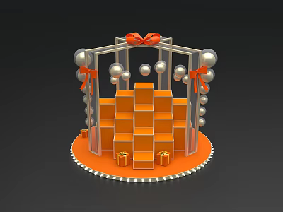 Decorative Ornament With Silver Frame Red Bow Silver Balls Stacked Orange Cubes Gold Gift Boxes And Pearl Trim 3d model