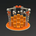 Decorative Ornament With Silver Frame Red Bow Silver Balls Stacked Orange Cubes Gold Gift Boxes And Pearl Trim