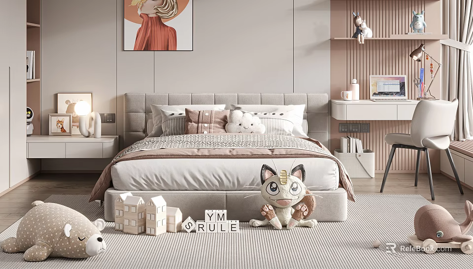Cozy Modern Gray Double Bed with Plush Toys Small House Models Nightstand Lamp and Rug 3d model 