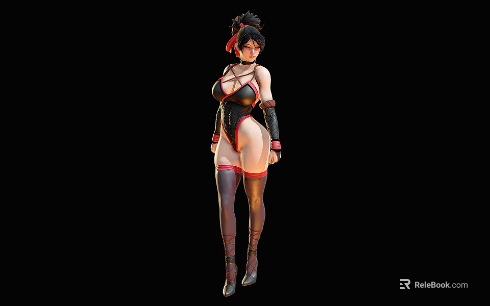 Game And Movie Character Wearing Black Tight Outfit With Red Accents And Bun Hairstyle 3d model 