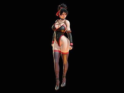 Game And Movie Character Wearing Black Tight Outfit With Red Accents And Bun Hairstyle 3d model