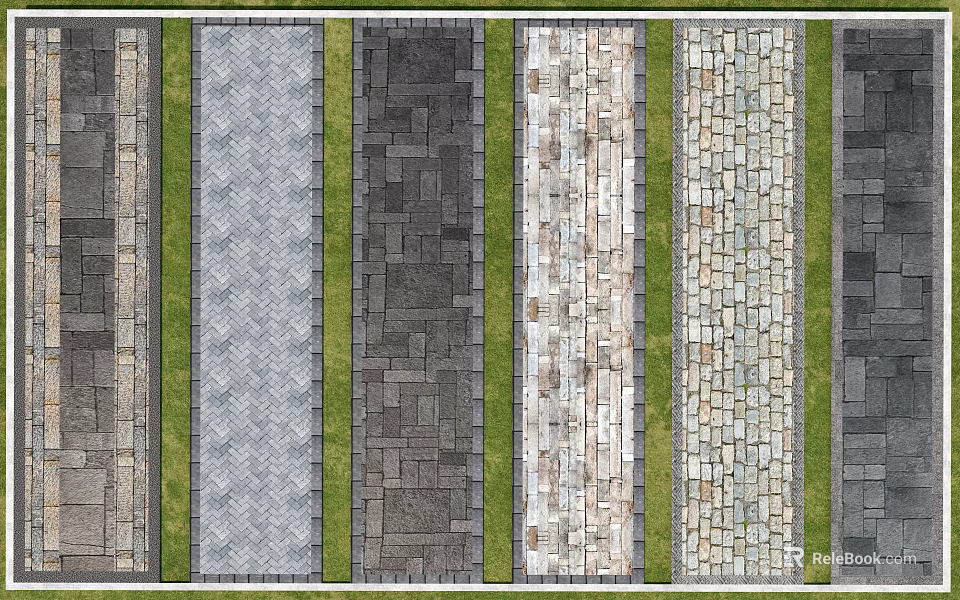 Natural Stone And Wooden Planks Outdoor Flooring With Various Textures And Grass Strips 3d model 