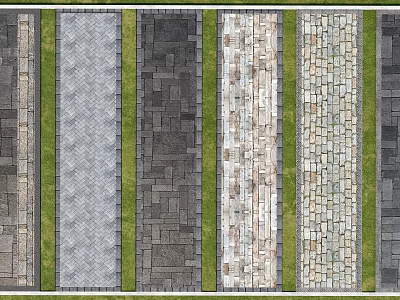 Natural Stone And Wooden Planks Outdoor Flooring With Various Textures And Grass Strips 3d model